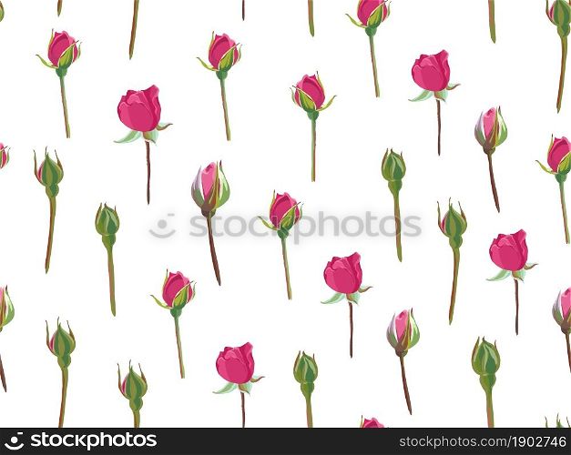 Floral print with composition of roses in rows, buds with tender petals and green leaves. Blossom and flourishing in spring or summer. Decorative print or fabric. Seamless pattern, vector in flat. Roses buds and stems, floral seamless pattern