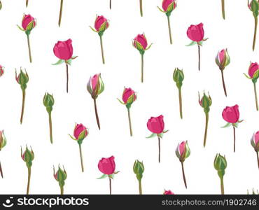 Floral print with composition of roses in rows, buds with tender petals and green leaves. Blossom and flourishing in spring or summer. Decorative print or fabric. Seamless pattern, vector in flat. Roses buds and stems, floral seamless pattern