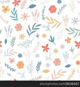Floral print with spring herbs, flowers and leaves. Botanical natural rustic background. Flowering seamless pattern. Gentle cozy summer template for textile, wallpaper, fabric, paper and design, vector illustration. Floral print with spring herbs, flowers and leaves