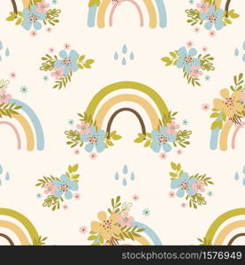 FLORAL RAINBOW Hand Drawn Seamless Pattern Vector Illustration