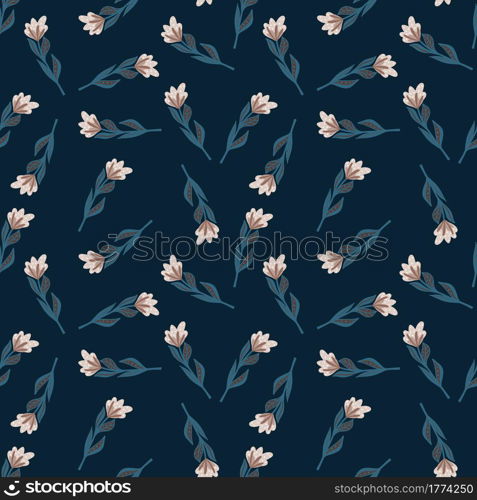 Floral random seamless pattern with little vintage simple flower silhouettes. Dark navy blue background. Designed for fabric design, textile print, wrapping, cover. Vector illustration.. Floral random seamless pattern with little vintage simple flower silhouettes. Dark navy blue background.
