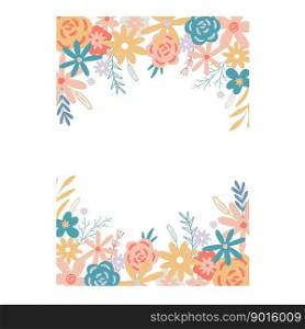 Floral rectangular rustic frame. Template for invitations, greetings, postcards, brochures and flyers. Flowers, herbs and foliage decor with empty space for text. Isolated Blank, vector illustration. Floral rectangular rustic frame