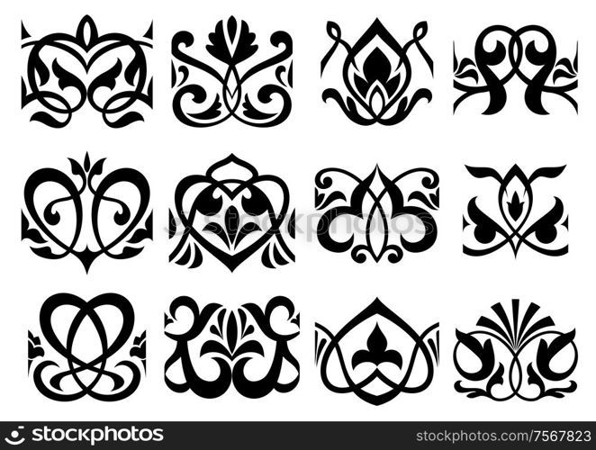 Floral retro ornament design elements with decorative flourishes patterns