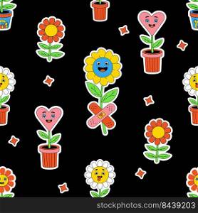 Floral retro seamless pattern with groovy elements. Stickers cartoon characters with faces funky flower power with patch, daisy flowers, flower pot with heart on black background. Vector illustration