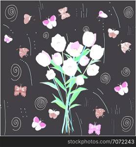 Floral round butterflies frame with tulips. Black background. Greeting card, poster design element. Vector Illustration.. Floral round butterflies frame with tulips.