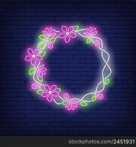 Floral round frame neon sign. Summer, holiday, decor design. Night bright neon sign, colorful billboard, light banner. Vector illustration in neon style.