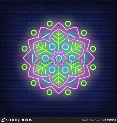 Floral round mandala pattern neon sign. Yoga and meditation concept design. Night bright neon sign, colorful billboard, light banner. Vector illustration in neon style.
