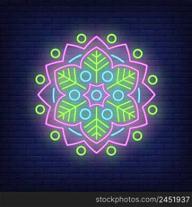 Floral round mandala pattern neon sign. Yoga and meditation concept design. Night bright neon sign, colorful billboard, light banner. Vector illustration in neon style.