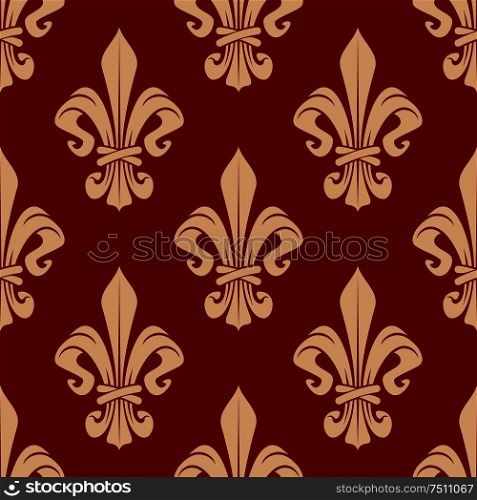 Floral royal french seamless pattern with beige fleur-de-lis flowers on red background. For interior or textile design. Beige and red seamless fleur-de-lis pattern