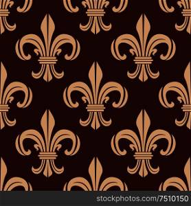 Floral royal lilies seamless pattern with classic ornament of heraldic fleur-de-lis on dark brown background. Wallpaper or textile accessories design usage . Seamless brown and beige lilies pattern