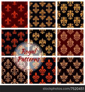 Floral royal ornament and damask seamless patterns for decoration. Imperial luxury flowery ornaments and classic vintage fleur-de-lis flourish interior design elements. Floral royal ornament and damask patterns