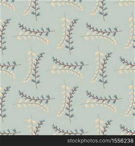 Floral seamless branches pattern in pastel tones. Beige and navy blue botanic elements on light background. Romantic style. Fabric design, wrapping paper, wallpaper, textile print. Vector illustration. Floral seamless branches pattern in pastel tones. Beige and navy blue botanic elements on light background. Romantic style.