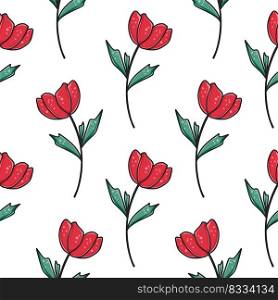 Floral seamless cartoon pattern. Background with colorful red blooming flowers vector illustration. Natural botanical print for wallpaper, textile, paper and package. Floral seamless cartoon pattern