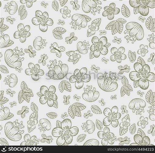 Floral Seamless Cute Summer Pattern With Flowers, Leaves And Butterflies