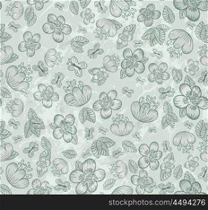 Floral Seamless Cute Summer Pattern With Flowers, Leaves And Butterflies