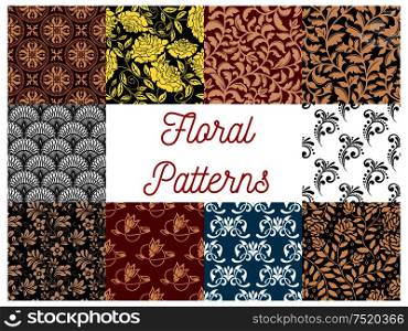 Floral seamless decor patterns. Vector flourish ornamental tile tapestry backgrounds with stylized flowers, leaves and tendrils. Floral seamless decor patterns