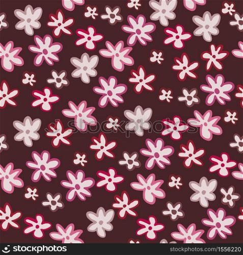 Floral seamless doodle pattern with daisy flowers. Botanic silhouettes with pink contour on burgundy background. Perfect for wallpaper, wrapping paper, textile print, fabric. Vector illustration.. Floral seamless doodle pattern with daisy flowers. Botanic silhouettes with pink contour on burgundy background.