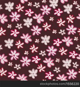 Floral seamless doodle pattern with daisy flowers. Botanic silhouettes with pink contour on burgundy background. Perfect for wallpaper, wrapping paper, textile print, fabric. Vector illustration.. Floral seamless doodle pattern with daisy flowers. Botanic silhouettes with pink contour on burgundy background.