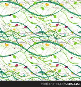 Floral seamless pattern. Abstract waves with leaves, eco nature background. Vector modern texture