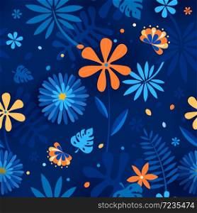 Floral seamless pattern background with blue and orange color.
