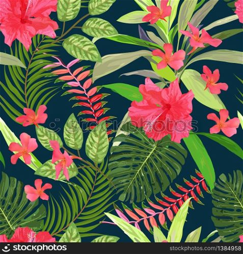 Floral seamless pattern. Background with isolated colorful hand drawn tropical flowers and leaves. Design for invitation, prints and cards. Vector illustration.. Floral seamless pattern. Background with isolated colorful hand