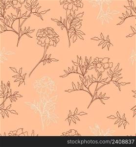 Floral seamless pattern. Beautiful blooming marigolds with leaves and buds on light orange background. Vector illustration. Linear hand drawing, sketch for design, packaging, wallpaper and print