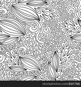Floral seamless pattern. Black and white doodle modern ornament. Textile or packaging design. Coloring book page.. Floral seamless pattern. Black and white doodle modern ornament. Textile or packaging design. Coloring book page
