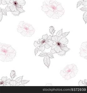 Floral seamless pattern. Blooming decorative rose flowers with buds and leaves on white background. Vector Illustration. modern art linear hand drawn for wallpaper, design, textile, packaging, decor