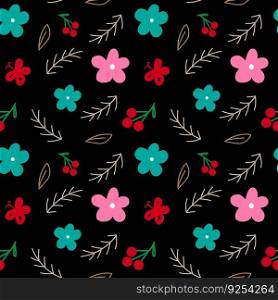 Floral seamless pattern. Botanical fabric print template. Vector illustration with flowers, leaves and berries.