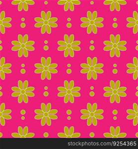 Floral seamless pattern. Botanical fabric print template. Vector illustration with green camomile flowers in a row on pink background.