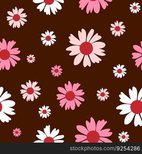 Floral seamless pattern. Botanical fabric print template. Vector illustration with pink camomile flowers on brown background. Rustic pattern.