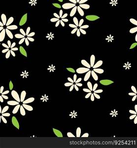 Floral seamless pattern. Botanical fabric print template. Vector illustration with white camomile flowers on black background.