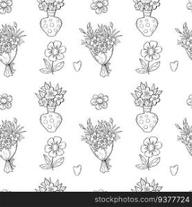 Floral seamless pattern. Bouquet of flowers, daisies in vase on white background with hearts. Vector Illustration. modern art linear hand drawn for wallpaper, design, textile, packaging, decor