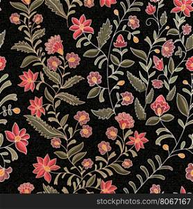 Floral seamless pattern. Colorful flowers on the dark backdrop. The effect of embroidery on denim