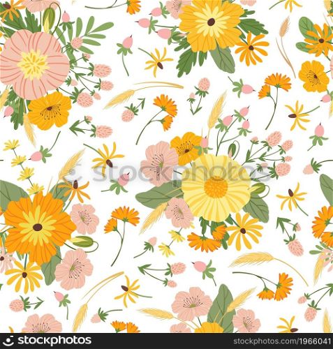 Floral seamless pattern, cute spring background with flowers. Blooming flower fabric texture, abstract print for summer clothes vector template. Branches with blossom and spikelets