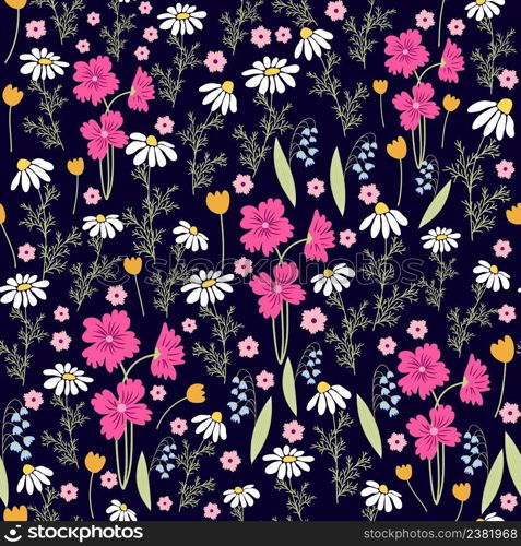 Floral seamless pattern. Daisies, lilies of the valley, clover, tulips, peonies, Caps lla b rsa-past ris, herbs. Print with small bright flowers, spring bouquet. Floral seamless pattern. Daisies, lilies of the valley, clover, tulips, peonies, gritsiki, herbs. Print with small bright flowers, spring bouquet.