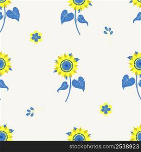 Floral seamless pattern. decorative Yellow-blue sunflower on light gray background with flowers. Vector illustration. Botanical pattern in Ukrainian flag colors for decor, design, packaging, wallpaper