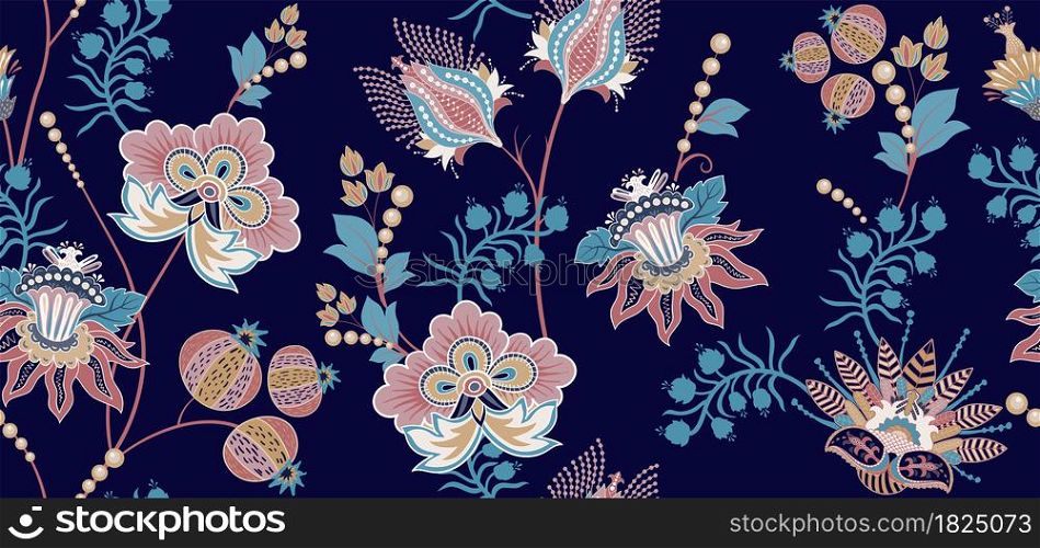 Floral seamless pattern. Design for textile, wallpaper, web, print, paper, backdrop, background Batik indonesia branches flowers. Climbing flowers decorative wallpaper. Batik indonesia, curly branches flowers.