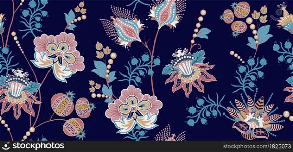 Floral seamless pattern. Design for textile, wallpaper, web, print, paper, backdrop, background Batik indonesia branches flowers. Climbing flowers decorative wallpaper. Batik indonesia, curly branches flowers.