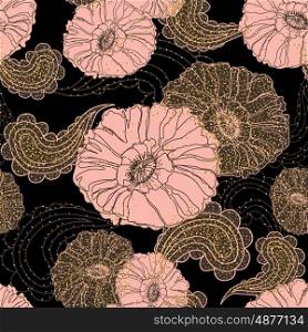 Floral seamless pattern. Floral seamless pattern. Poppy flower. Vintage background with gold glitter