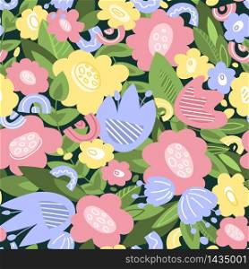 Floral seamless pattern - flowers and leaves hand drawn, surface design with botanical elements, colorful background with blossom for card, textile, wrapping or scrapbook paper - Vector illustration. Floral seamless pattern collection
