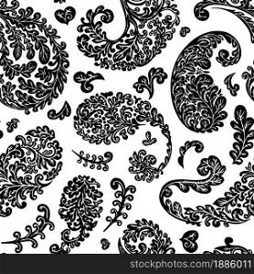 Floral seamless pattern, foliage and leafage of plants. Background or print with exotic and tropical botany. Flourishing branches, monochrome colorless leaves and bloom, vector in flat style. Natural foliage and leafage of plants seamless pattern