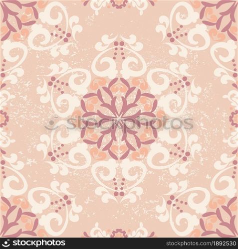 Floral seamless pattern. Geometric damask patterned background. Pink, beige color. For fabric, tile, wallpaper or packaging. Vector graphics.