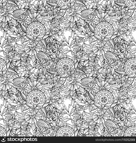 Floral seamless pattern in black and white. Adult coloring book page with flowers and mandalas. Hand drawn vector illustration. Doodles background. Floral pattern in black and white