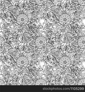 Floral seamless pattern in black and white. Adult coloring book page with flowers and mandalas. Hand drawn vector illustration. Doodles background. Floral pattern in black and white