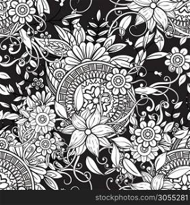 Floral seamless pattern in black and white. Adult coloring book page with flowers and mandalas. Hand drawn vector illustration black background. Floral pattern in black and white