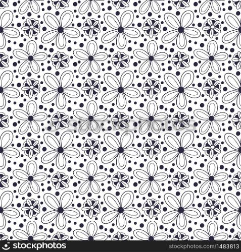 Floral seamless pattern in black and white colors. Camomiles ornament for textile design. Pattern background with blossom flowers in minimalism doodle style. Floral seamless pattern in black and white colors. Camomiles ornament for textile design. Pattern background with blossom flowers in minimalism doodle style.