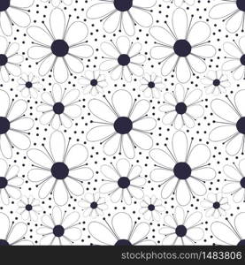 Floral seamless pattern in black and white colors. Chamomiles ornament for textile design. Pattern background with blossom flowers in minimalism style. Floral seamless pattern in black and white colors. Chamomiles ornament for textile design. Pattern background with blossom flowers in minimalism style.