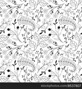 Floral seamless pattern in black and white line style. Doodle flowers textile print. Vintage nature graphic. Berry, flowers and foliage motif. Floral seamless pattern in black and white line style. Doodle flowers textile print. Vintage nature graphic. Berry, flowers and foliage motif.