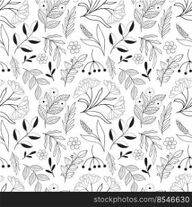 Floral seamless pattern in black and white line style. Doodle flowers textile print. Vintage nature graphic. Umberella roan branch, lavander flower anf leaves.